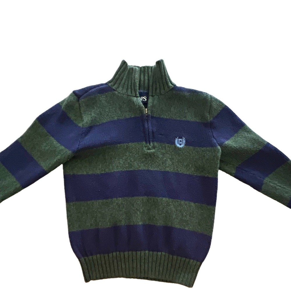 Chaps Boys Size 5 Green/Blue Striped 1/4 Zip Mock Neck Knit Cotton Sweater